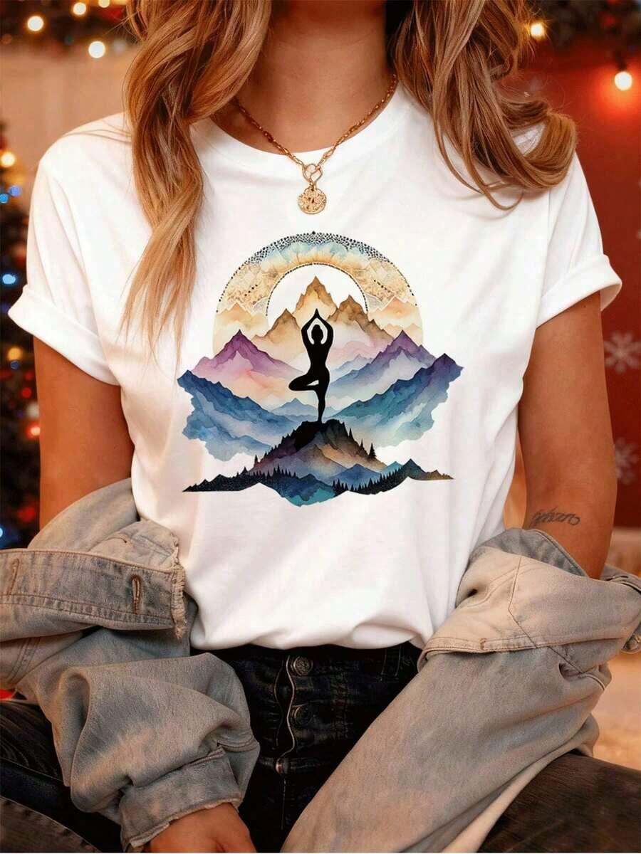 Soft 100%cottonSoft 100%cottonT-shirtCamiseta gráfica Yoga Mountain de algodón suave, corte holgado, transpirable, estilo urbano hip-hop, estampado artísticoBreathable Cotton Tee, All Matchcoolcool - Blanco - Ver 1
