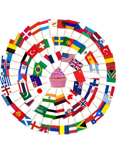 100 que tăm hình cờ các quốc gia, tăm mini hình cờ World Cup, phụ kiện trang trí bánh hình cờ cho tiệc tùng, tăm xiên cocktail hình cờ quốc tế.