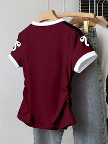 Camiseta ajustada de mujer con estampado de letras, silueta estilizante, estilo casual/al aire libre, nueva llegada de verano, color rojo - Burdeos 4 - Ver 2
