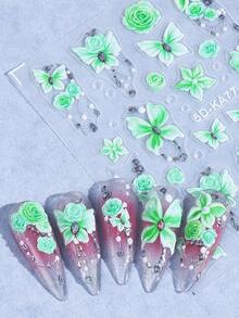 5D Butterfly Rose Rhinestone Nail Stickers 3pcs Gradient Rose Red Blue Green Hibiscus Flower Petal Clear Rhinestone Gem Jewelry Chain Embossed Manicure Tips Design DIY Y2K Spring Summer Self-Adhesive Decal Slider Salon Nail Decoration Nail Supplies - Multicolor - View 9