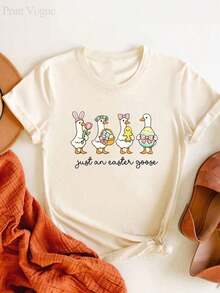 Women's And Unisex T-Shirt With Easter Egg, Goose, And Chick Print - Casual Short-Sleeve Crew Neck Blouse For Spring, Summer, And Autumn - Suitable For Casual Wear, Machine Washable, Gift, Breathable And Comfortable Top - Spring Tops - Summer Tops - Women's Vacation Clothes - Women's Easter Tops - 100% Cotton Summer Clothes - Unisex Urban Vintage Style, Loose Cotton Short-Sleeve Crew Neck T-Shirt - Blouses For Women. Casual Blouses For Ladies. - 杏色 - 查看 2