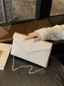 1pc Summer Design New Women's Clutch Bag, Shoulder Diagonal Chain Envelope Bag, Straw Woven Vacation Bag, Casual Chic Striped Design Elegant Popular Bag, Suitable For Beach Vacation, Beach Outing, Etc. - Beige - View 8