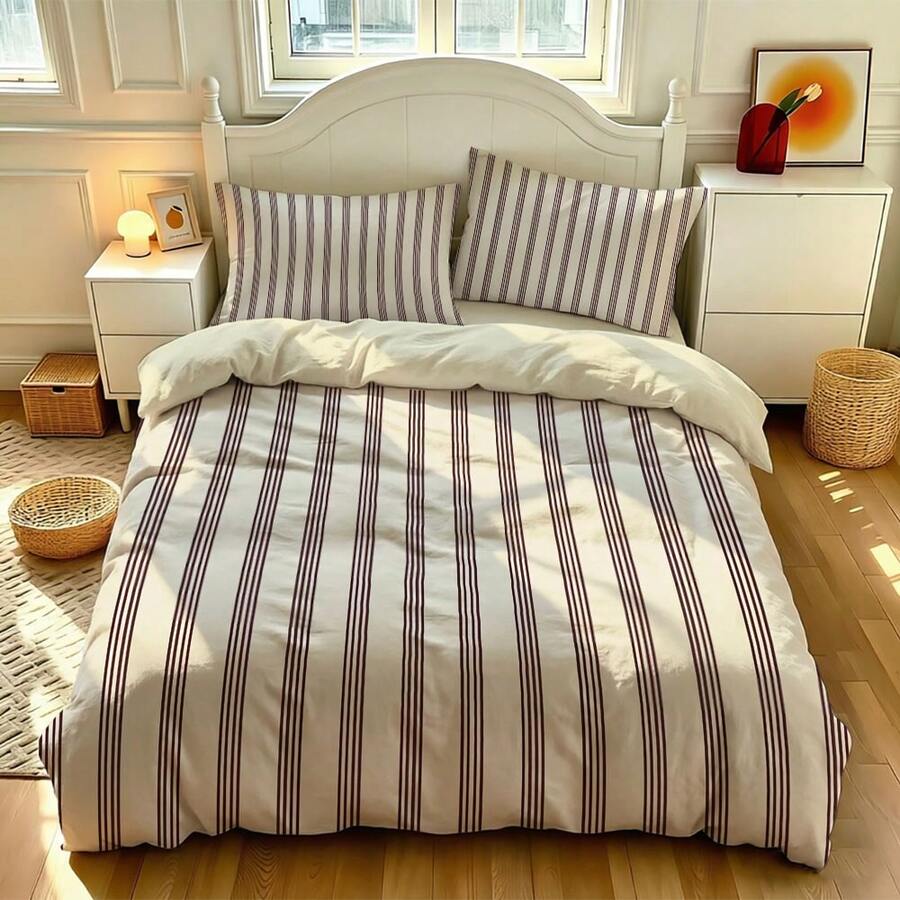 3pcs Set Minimalist Elegant Line Print Duvet Cover Set, Lace Print, Includes 1 Duvet Cover & 2 Pillow Shams, No Filling, Soft & Comfortable Bedding, Polyester, Suitable For Indoor Decor, Home Goods, All Seasons, Fit For Bedroom, Hotel, Homestay, Boys & Girls Room - 80092+SJT+Y - View 1