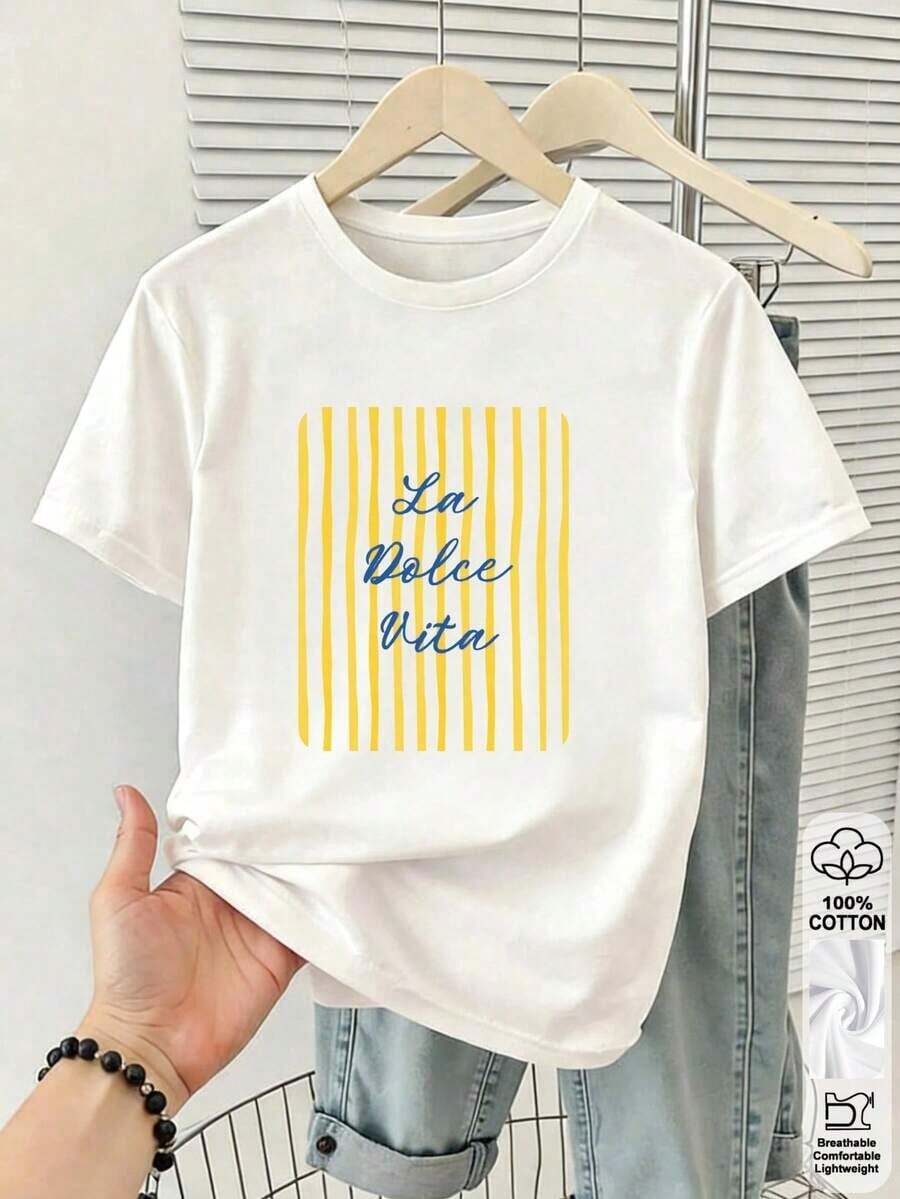 Women's Slim Fit Solid Color Short Sleeve Round Neck La Dolce Vita Stripe T-Shirt 100% Cotton Casual Daily Streetwear Y2K Beach Graduation Party Vacation Tops Summer Spring Tees Sports Party Tops Blouse Romper Vintage Carnival Valentine's Day White T-Shirt Black Tops Summer Tops Women's Spring Clothing Winter Women's Summer T-Shirt Funny Holiday Beach Casual Cute Tops Black Tops White Tops Summer Tops Spring Fashion Women's Easter Clothing Office/Lounge/Home/Minimalist Preppy Western Outfits American Retro Sexy Outerwear Autumn Soft Comfortable Valentine's Day Carnival Summer Tops Music Festival White Tops Tees - White - View 1