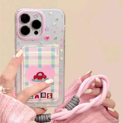 1 pieza Nuevo Estuche para tarjetas de estilo coreano con diseño de coche deportivo a cuadros y cordón para teléfono, compatible con iPhone 17/17Pro/17PM, 16/16Pro/16PM, 15/15Pro/15PM, 14ProMax/14Pro/14, 13ProMax/13Pro, 12ProMax/12Pro, 11/11ProMax, Funda de teléfono con diseño de dibujos animados para niñas