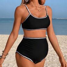 Swim Vcay Conjunto de traje de baño de maternidad casual de vacaciones de verano con diente de tiburón en contraste de color negro, 26SS - Azul - Ver 4