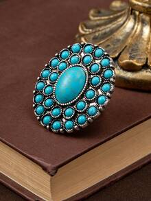 1pc Bohemian Vintage Turquoise Ring, Antique Carved Silver Plated Adjustable Open Ring, Western Accessory, Unique Design Women's Ring - Turquoise Ring - View 2
