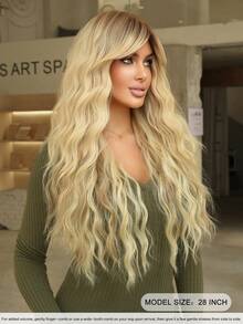 7JHH WIGS Pelucas largas onduladas y rizadas con flequillo de cortina para mujeres, de 28 pulgadas, de fibra sintética resistente al calor, esponjosas para uso diario, fiestas y cosplay (Rubio Ombré, Marrón Ombré, Rojo, Gris, Marrón Miel, Púrpura, Marrón Cálido) - Multicolor - Ver 4