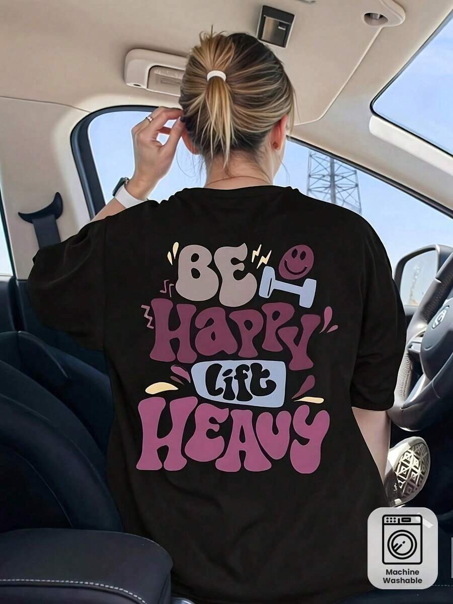 Camiseta única Be Happy Lift Heavy estilo y2k perfecta para expresar tu actitud positiva y amor por el gimnasio diseño colorido y divertido para destacar en cualquier evento casual combina comodidad y estilo con este diseño moderno y vibrante. - Negro - Ver 1