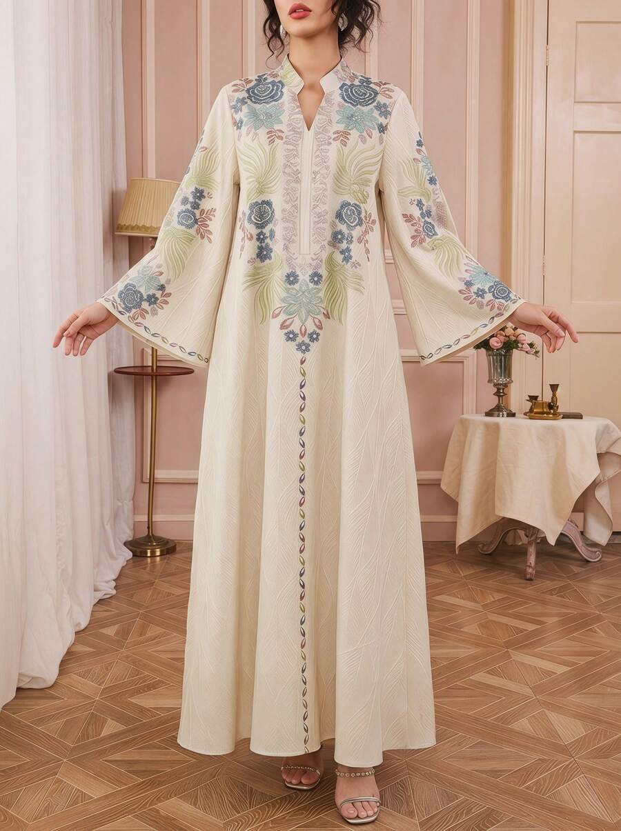 Solessence 优雅女士V领长袖连衣裙，采用充满活力的波西米亚印花梭织面料，展现春日优雅风范。 - NT08 - 查看 1