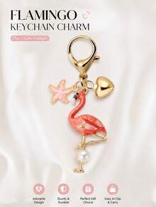 Pearl Flamingo Pendant With Heart-Shaped And Starfish Elements, Bohemian Vacation Style. Ocean Alloy Pendant, Hawaiian Tropical Style Pendant. Suitable For Backpacks, Wallet Decorations, Headphone Bag Accessories, Car Pendants, Fashionable And Minimalist Accessories, And Drip Jewelry. - one-size - View 5