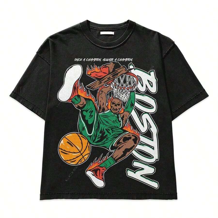 Camisetas Gráficas para Hombre, Camisetas Gráficas para Hombre, Boston Basketball Vintage Est. 1946, Camiseta Cómoda de Colores, Camiseta Retro d - Negro 2 - Ver 1