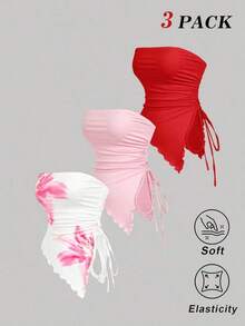 Conjunto de 3 piezas con parte superior bandeau asimétrica con estampado floral, para primavera/verano.Conjunto de 3 piezas con parte superior tubo estampada con flores blancas y rosas, con bajo asimétrico, romántico, para primavera/verano.Ele - Multicolor 5 - Ver 1