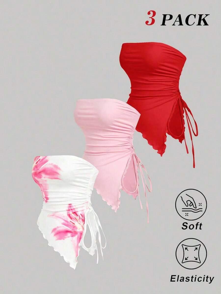 Conjunto de 3 piezas con parte superior bandeau asimétrica con estampado floral, para primavera/verano.Conjunto de 3 piezas con parte superior tubo estampada con flores blancas y rosas, con bajo asimétrico, romántico, para primavera/verano.Ele - Multicolor 5 - Ver 1