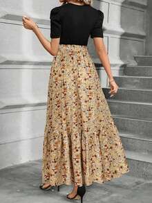 Vestido elegante de línea A con mangas abullonadas, decoración de lazo, diseño de bloques de color, cuello redondo, lavable a máquina, vestido casual para primavera/verano, adecuado para trabajo, fiesta, playa, vacaciones de lujo - Caqui - Ver 3