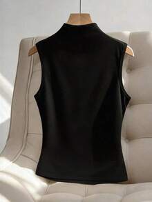 Blusa sin mangas con escote en V y decoración metálica minimalista y elegante, adecuada para el trabajo - Negro - Ver 2