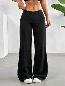 Pantalones anchos de unicolor negro versátiles y casuales para primavera - Negro - Ver 5