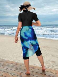 Conjunto de traje de baño burkini de 3 piezas con top de manga corta de unicolor, pantalones 7/8 y minifalda, adecuado para vacaciones de verano - Multicolor - Ver 3