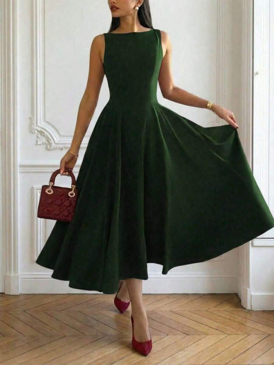 Elegante vestido maxi romántico francés con espalda descubierta, cintura ceñida y diseño calado, elegante y sexy, adecuado para Navidad, fiestas de vacaciones, citas de verano - Verde Oscuro - Ver 1