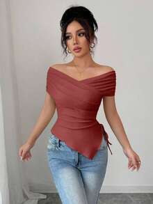 Camiseta ajustada casual de mujer con hombros descubiertos y manga corta, para uso diario en verano - Burdeos - Ver 5
