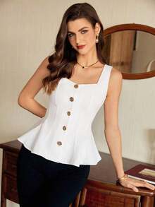 Blusa de mujer vintage, elegante y clásica, con cierre de botones metálicos con forma de flor, blusa sin mangas blanca, para primavera/verano - Blanco - Ver 6