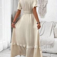 V-Neck Ruffle Sleeve Solid Color Vacation Style Spring/Summer Dress Maxi Women Outfit - Albaricoque - Ver 4