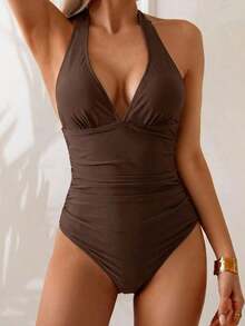 Traje de baño de una pieza con control de abdomen, estilo minimalista de unicolor, con escote halter y espalda descubierta, para vacaciones de verano en la playa - Marrón - Ver 6