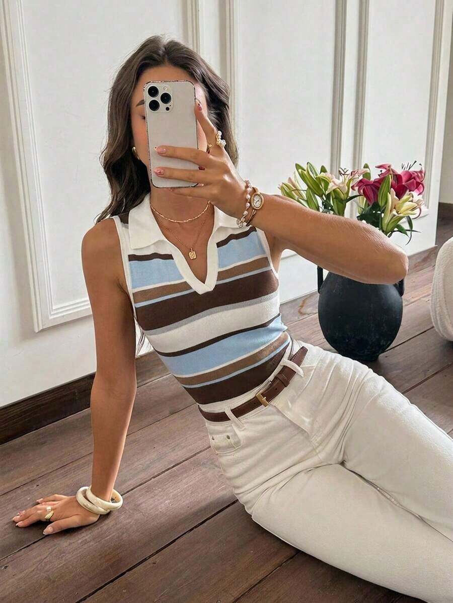 Camiseta de tirantes de mujer con cuello polo, estilo minimalista casual, a rayas blancas y azul marino, adecuada para uso diario en primavera/verano, vacaciones, ir al trabajo, citas, fiestas, otoño/invierno, fiestas, bodas, playa, graduación, mo - Multicolor - Ver 1