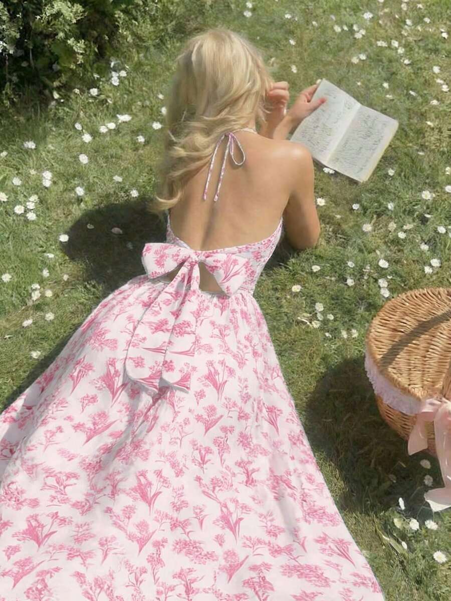 Vestido de mujer con estampado floral y cuello halter con lazo, de moda para citas y fiestas - Rosa - Ver 1