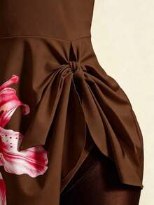 Conjunto de bikini de 2 piezas con estampado floral, accesorio de metal y correa ajustable, de caliente para vacaciones de primavera/verano y playa - Café integral - Ver 6