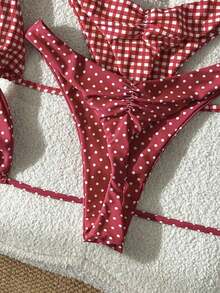 Conjunto de traje de baño de 4 piezas con cuentas marrón y a rayas, para primavera/verano 2026, conjunto de bikini de alta gama para resort de playa - Rojo - Ver 3