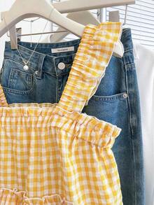Blusa holgada sin mangas de estilo casual a cuadros para mujer, versátil para el verano - Amarillo - Ver 7