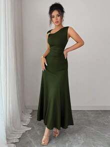 Nuevo vestido casual y elegante para mujer con cuello asimétrico, decoración metálica y cintura fruncida para vacaciones - Verde militar - Ver 6