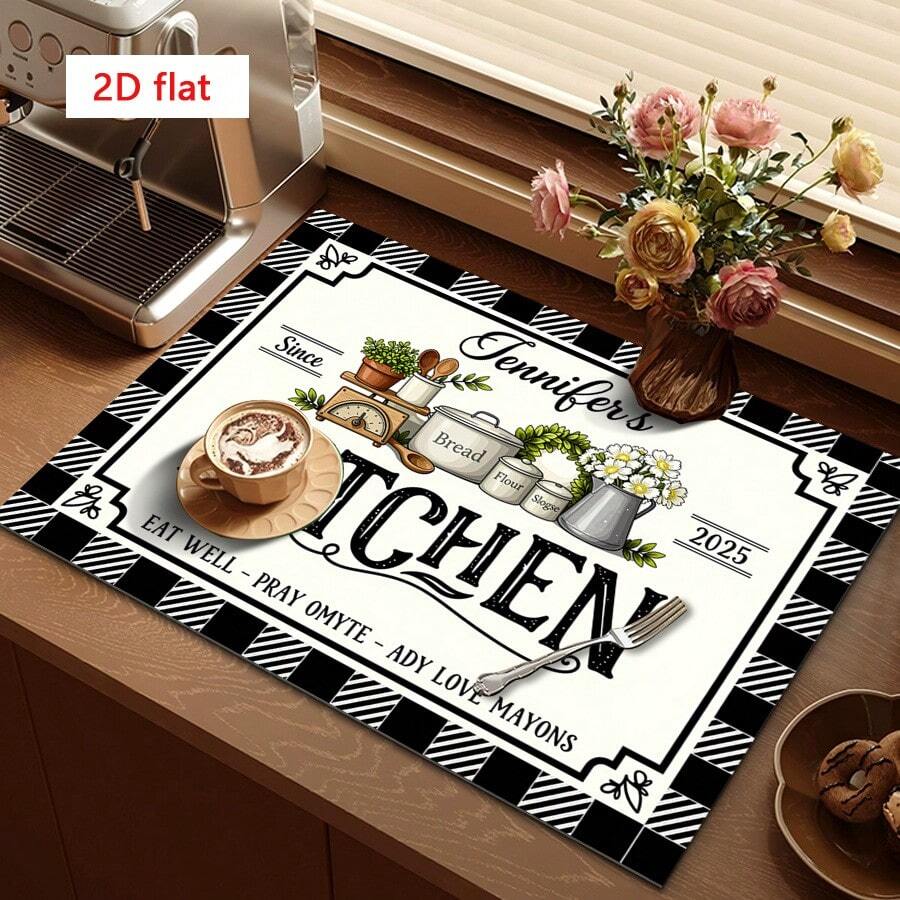 1pc Dish Drying Mat, Coffee Machine Pad, Black & White Checkered Border With Vintage Hand-Painted Floral Pattern, Suitable For Dining Table Absorbent Use, Multi-Purpose Drainage Mat, Home Gift, Tabletop Decor