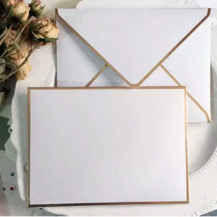 Bộ thiệp mời đám cưới & doanh nghiệp 7 inch 14x19cm viền ép kim vàng, kèm phong bì, có sẵn hàng - Phong bì mạ vàng ngọc trai - Xem 1