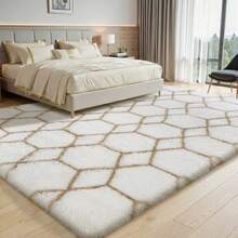 Sour Lemon Rugs Living Room 200x300cm, Grey Area Rugs For Bedroom, Washable Anti Slip Extra Large Shaggy Soft Rug Fluffy Modern Floor Carpets Mat Beside Carpet, Long Runner Rug For Hallway - White-camel Hexagons - View 11