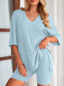 PRETTYGARDEN Women's Summer Clothes 2 Piece Sets Lounge Set Casual Oversized Shirts Biker Shorts Matching Airport Travel Sweatsuit Set Women Vacation Outfit Summer Brunch Outfits For Women - 淺藍 - 查看 4