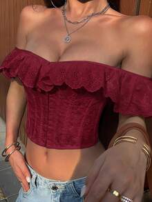 性感刺繡荷葉邊前綁帶露背束腰上衣，優雅 Bustier，適合夏季派對與度假 - 酒紅色 - 查看 4