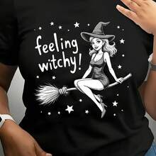 Women's Plus Size Graphic T-Shirt - "Feeling Witchy" Halloween Clothes, Casual Shclothest Sleeve Oversized Top With Witch Illustration, Clothes Blend Fclothes Spring/Summer/Fall - 黑色 - 查看 1