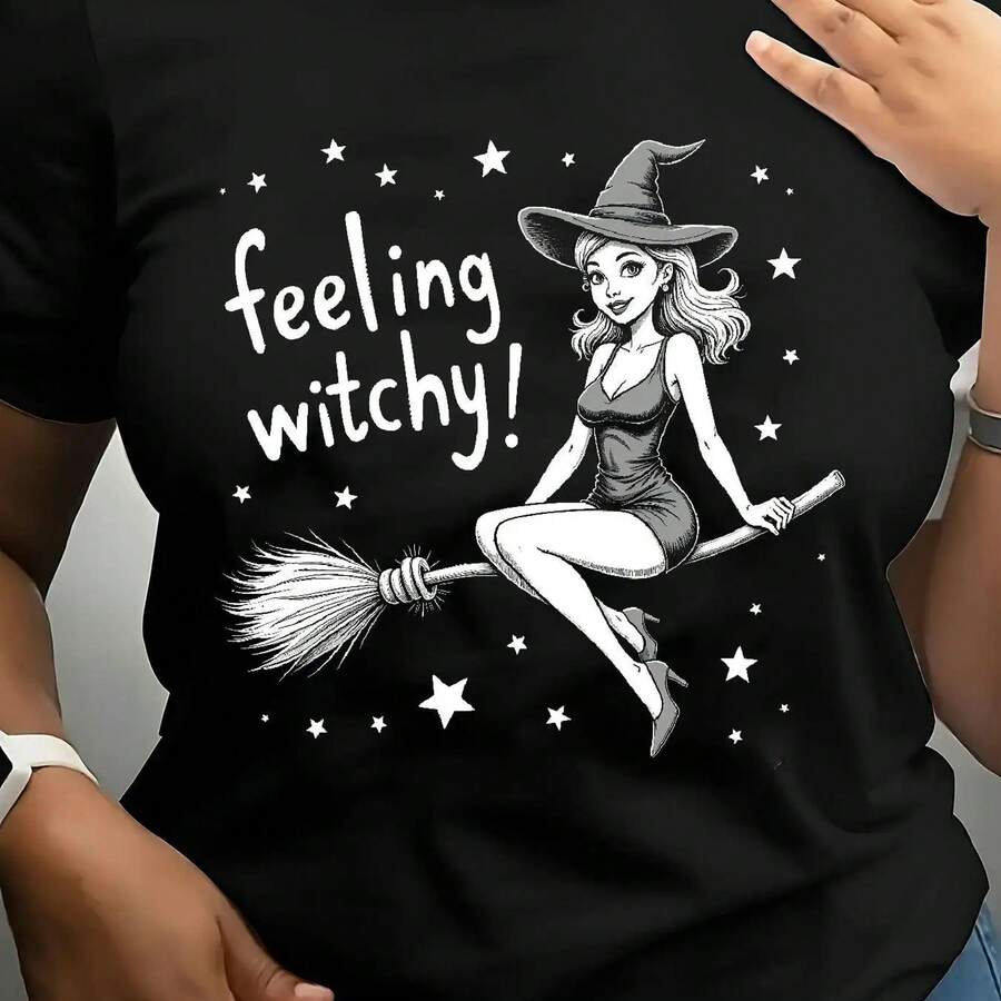 Women's Plus Size Graphic T-Shirt - "Feeling Witchy" Halloween Clothes, Casual Shclothest Sleeve Oversized Top With Witch Illustration, Clothes Blend Fclothes Spring/Summer/Fall - 黑色 - 查看 1