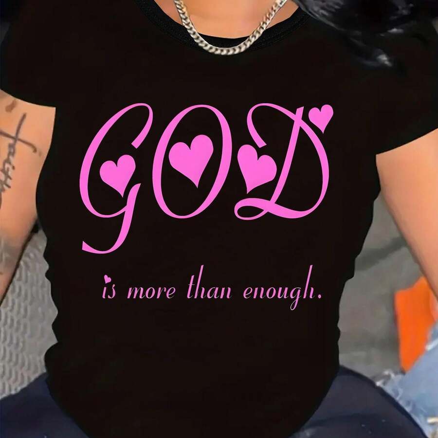 Inspirational Women'S T-Shirt - 'God' with Pink Hearts, Round Casual Neckline, Shclothest Sleeve, Elastic, clotheshine Washable, clothes, T-Shirts - Negro - Ver 1