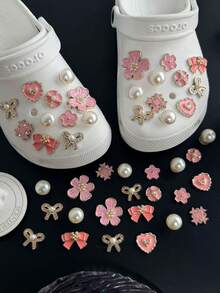 22pcs Green Turtle & Blue Starfish DIY Decorations, Detachable Shoe Clips Suitable For Sandals, Slippers, Garden Shoes, Beach Shoes - Pink Cherry Blossom Bow Set - View 8