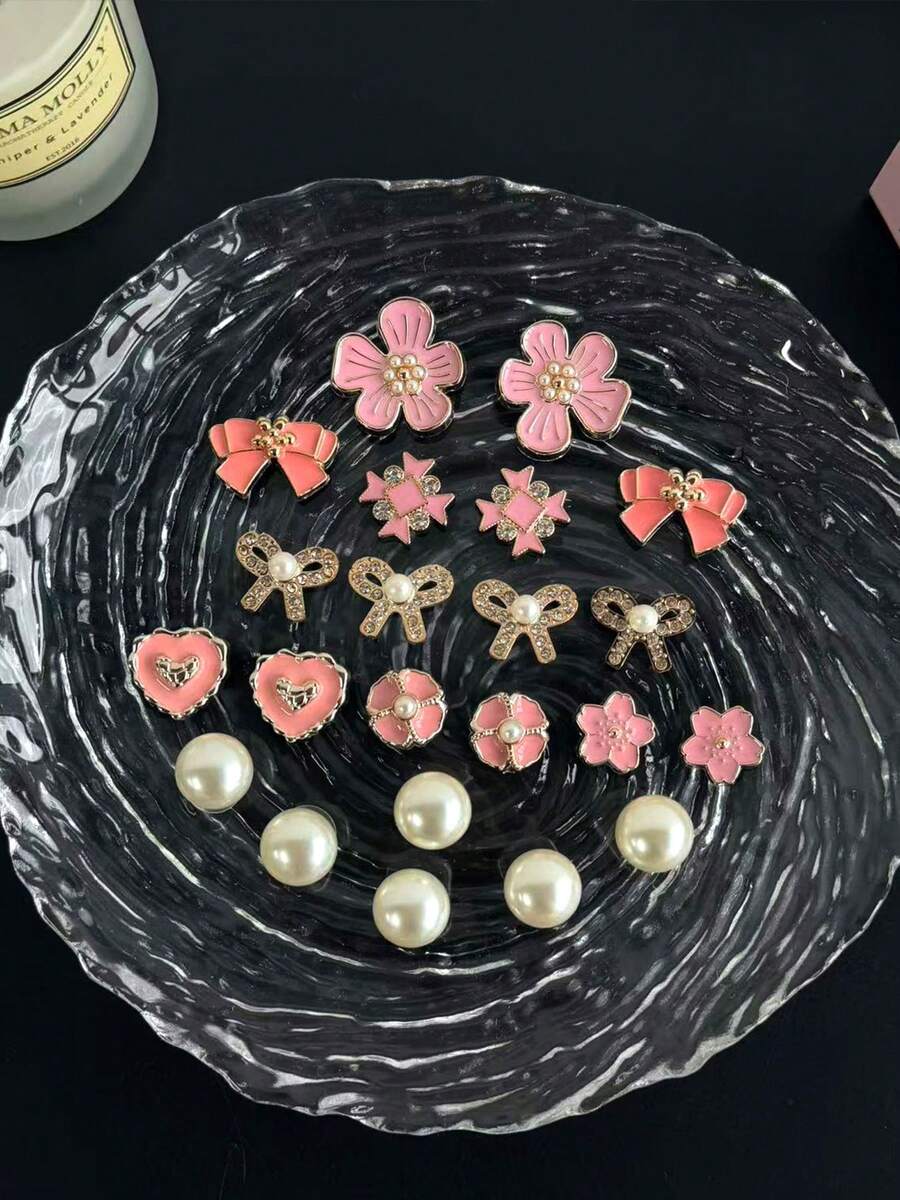 22pcs Green Turtle & Blue Starfish DIY Decorations, Detachable Shoe Clips Suitable For Sandals, Slippers, Garden Shoes, Beach Shoes - Pink Cherry Blossom Bow Set - View 1
