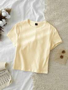 1 pieza Camiseta ajustada de forma sólida 95% algodón - Albaricoque - Ver 7