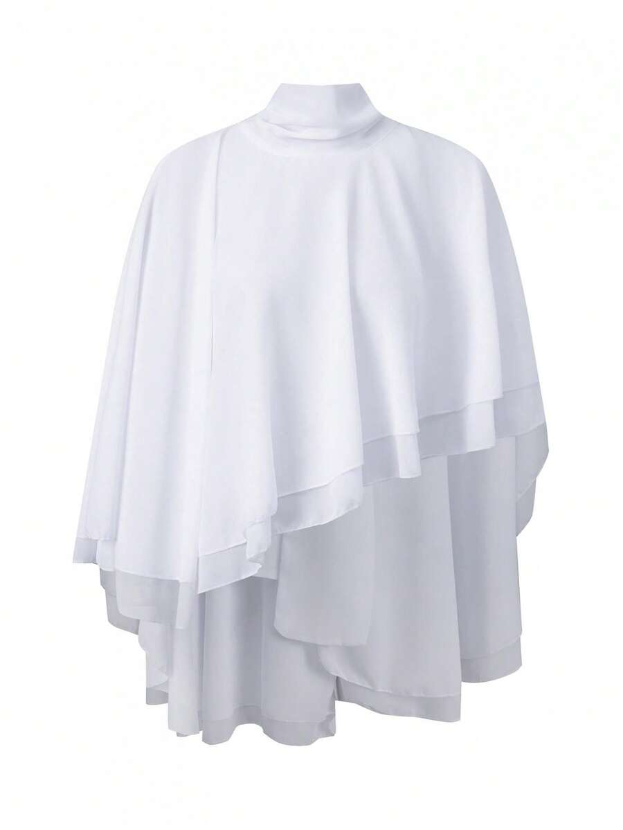 Women Chiffon Asymmetrical Hem Poncho Solid Color High Neck Loose Shawl Wraps Cape Boho Tops For Weddings Parties - White - View 1