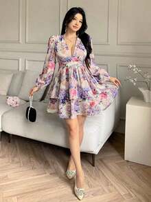 Vestido corto elegante de mujer con estampado floral y mangas farol - Rosa 2 - Ver 6