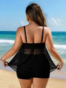 Swim Lushoire Nuevo conjunto de traje de baño de 2 piezas de talla grande para mujer con top de tirantes finos y estampado floral y shorts ajustados, casual para vacaciones - Negro - Ver 2