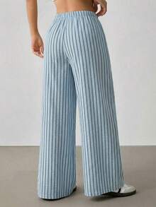 Pantalones casuales anchos de pierna ancha con cintura de corbata y rayas para mujer - Azul - Ver 2