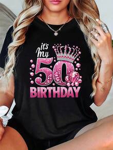 It's My Birthday, Women's Round Neck T-Shirt For Spring/Summer, With 'Diamond Crown And Sparkling Birthday Celebration' Letter Print - A Very Distinctive Printed T-Shirt / Unisex Style / Suitable For Both Men And Women / Wrinkle Resistant / Breathable - 黑色 - 查看 1