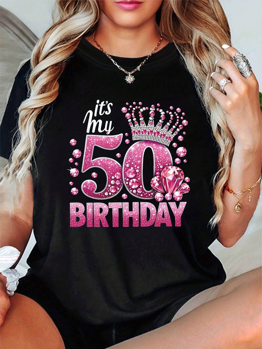 It's My Birthday, Women's Round Neck T-Shirt For Spring/Summer, With 'Diamond Crown And Sparkling Birthday Celebration' Letter Print - A Very Distinctive Printed T-Shirt / Unisex Style / Suitable For Both Men And Women / Wrinkle Resistant / Breathable - 黑色 - 查看 1